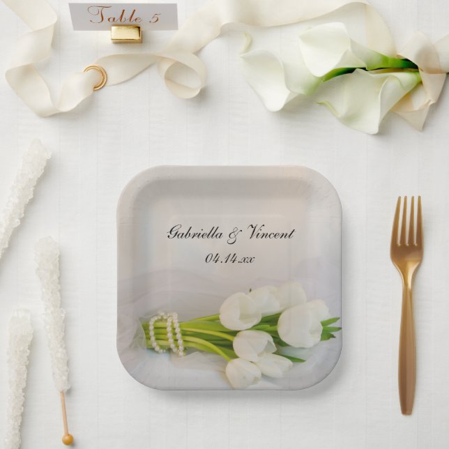 White Tulip Bouquet Spring Wedding Paper Plates (Wedding)