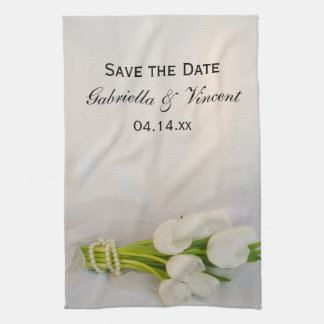 White Tulip Bouquet Spring Wedding Save the Date Kitchen Towel