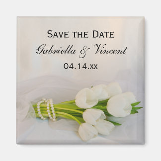 White Tulip Bouquet Spring Wedding Save the Date Magnet
