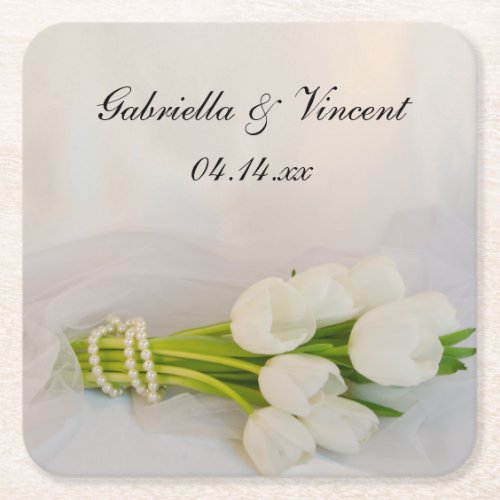 White Tulip Bouquet Wedding Square Paper Coaster