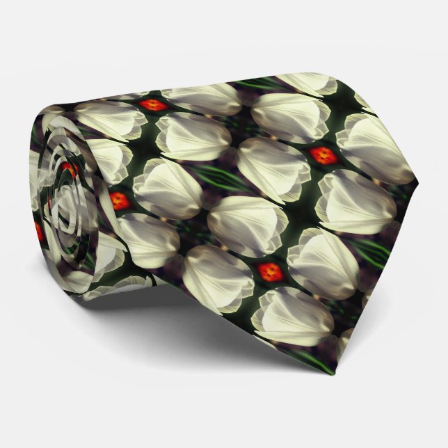 White Tulip Flower Abstract Pattern      Neck Tie (Rolled)