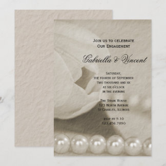 White Tulip Flower and Pearls Engagement Party Invitation