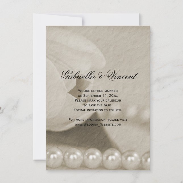 White Tulip Flower and Pearls Save the Date (Front)