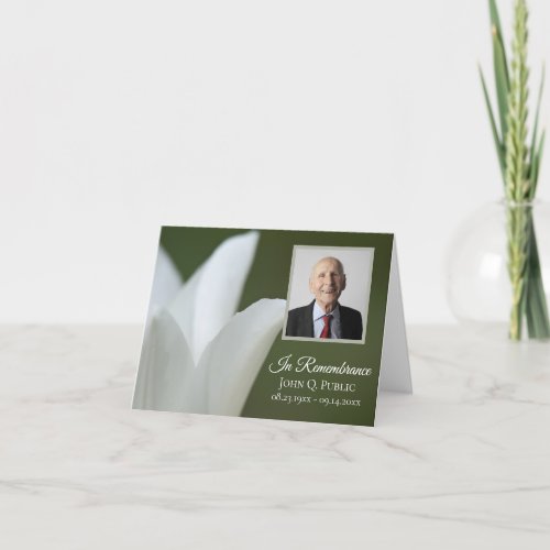 White Tulip Flower on Green Funeral Memorial Thank You Card