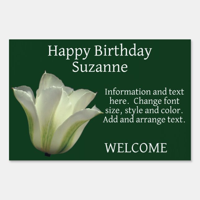 White Tulip Flower Personalized Happy Birthday Sign (Front)