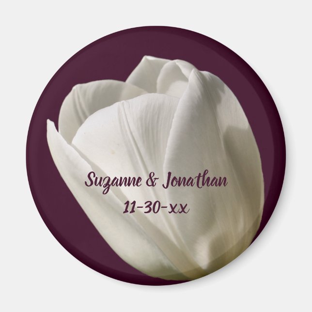 White Tulip Flower Personalized Wedding  Magnet (Front)