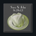 White Tulip Flower Wedding Favor Magnet<br><div class="desc">Delicate white tulip on a black background save the date wedding announcement favor refrigerator magnet. Fill in your information in the template. Make more changes to text and font size, style, and color by clicking on Customize. If you have any questions or requests, please contact me. This image is available...</div>