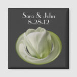 White Tulip Flower Wedding Favor Magnet<br><div class="desc">Delicate white tulip on a black background save the date wedding announcement favor refrigerator magnet. Fill in your information in the template. Make more changes to text and font size, style, and color by clicking on Customize. If you have any questions or requests, please contact me. This image is available...</div>