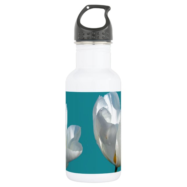 white tulip flowers in aqua blue background stainless steel water bottle (Front)