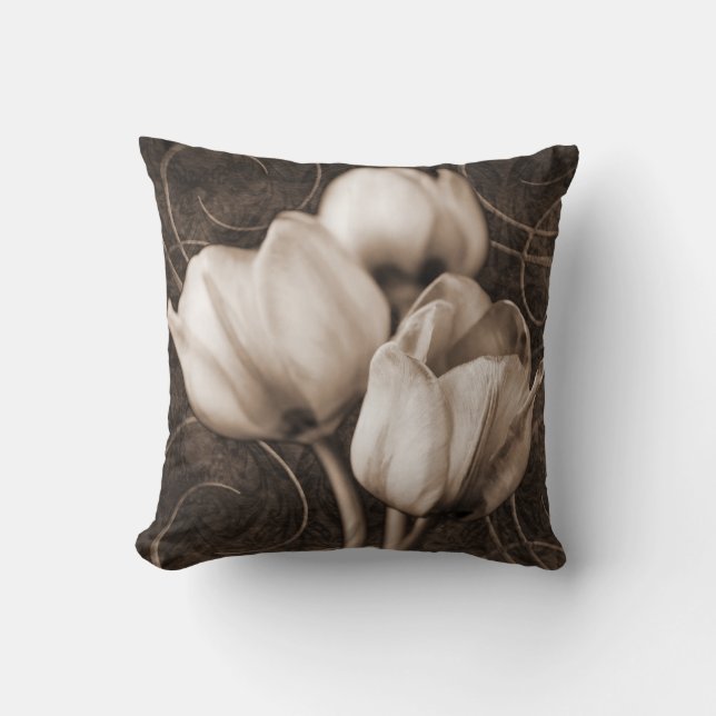 White Tulip Flowers Sepia Black Background floral Throw Pillow (Front)