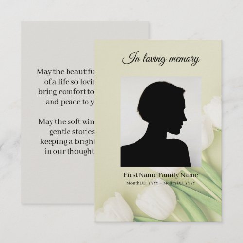 White tulip funeral prayer card