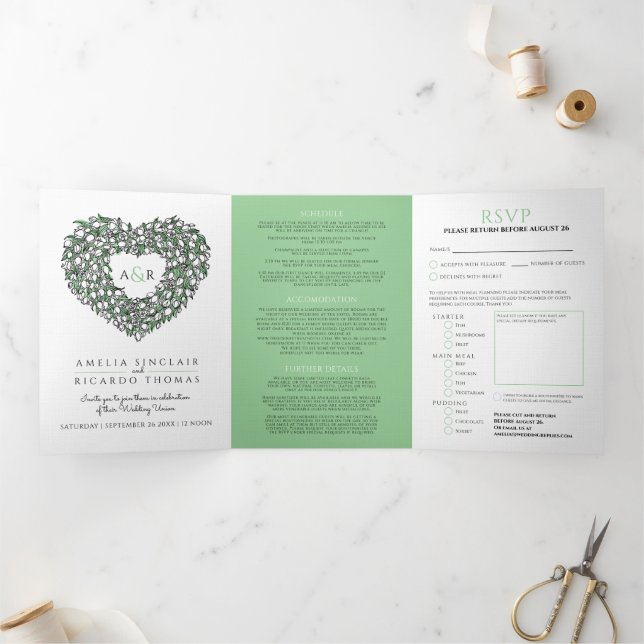 White tulip green heart ink art monogram wedding Tri-Fold invitation (Inside)