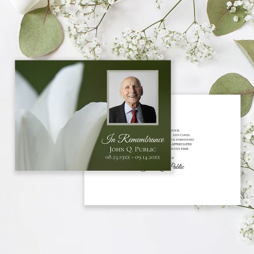 White Tulip on Green Funeral Memorial Sympathy Thank You Card