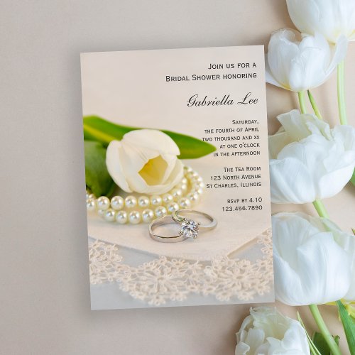White Tulip Pearls and Rings Bridal Shower Invitation