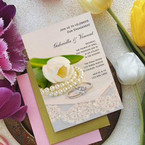 White Tulip Pearls and Rings Engagement Party Invitation