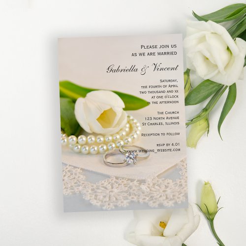 White Tulip Pearls and Rings Wedding Invitation