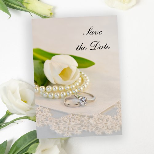 White Tulip Pearls and Rings Wedding Save the Date