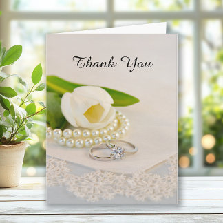 White Tulip, Pearls and Rings Wedding Thank You Card