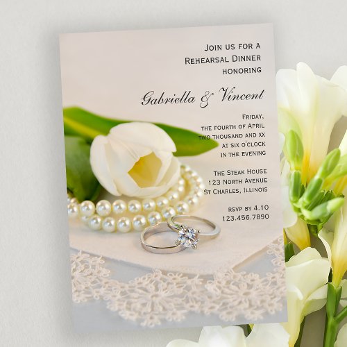 White Tulip Pearls Rings Wedding Rehearsal Dinner Invitation