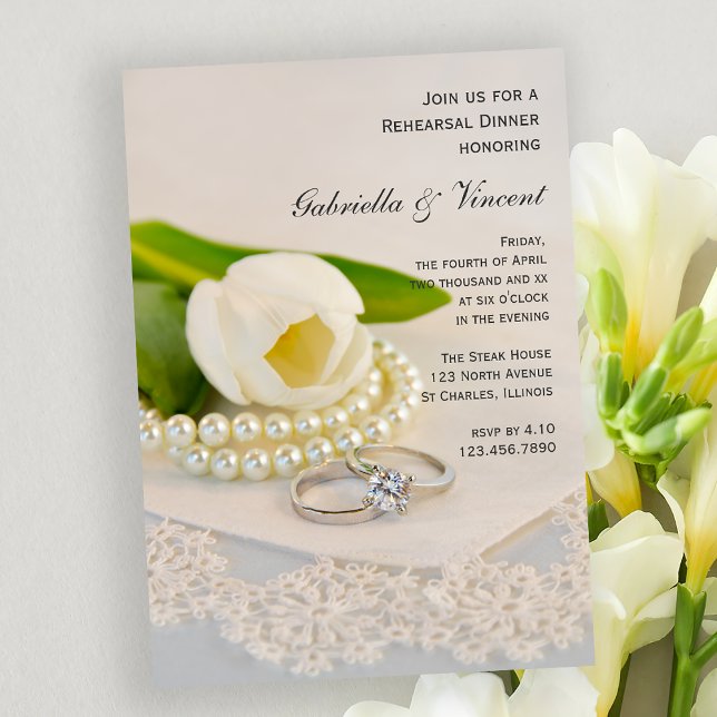 White Tulip, Pearls Rings Wedding Rehearsal Dinner Invitation (Creator Uploaded)