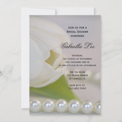 White Tulip Pearls Spring Bridal Shower Invitation