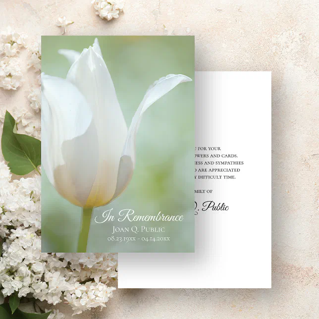 White Tulip Spring Funeral Memorial Sympathy Thank You Card | Zazzle