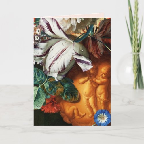 WHITE TULIPSANEMONES AND CUPIDS Valentines Day Holiday Card