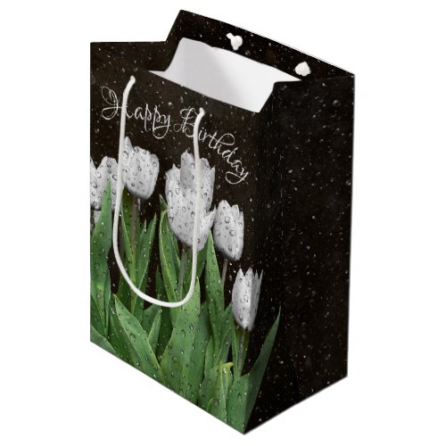 White Tulips Birthday with Raindrops Medium Gift Bag