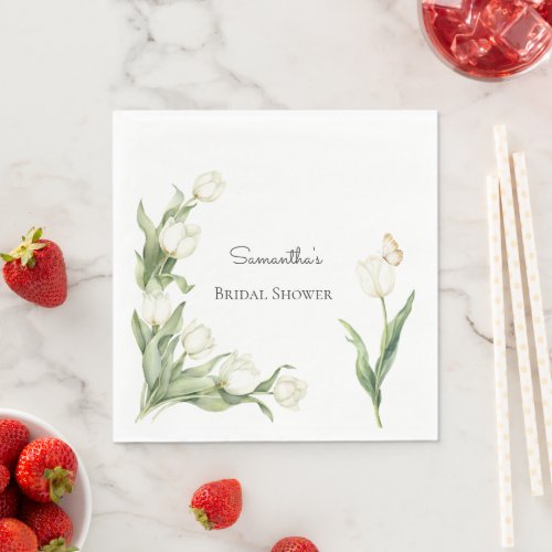 White Tulips Butterfly Bridal Shower Napkins