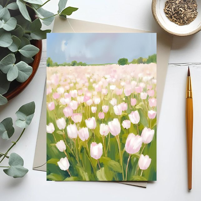 White Tulips Flower Field Painting Postcard (Creator Uploaded)