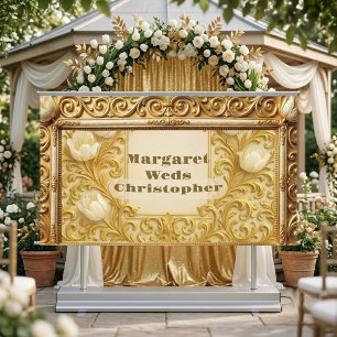 White Tulips Gold Ornate Baroque Engravings Scroll Banner