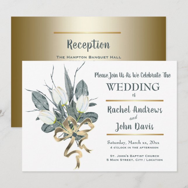 White Tulips Gold Wedding Invitation (Front/Back)