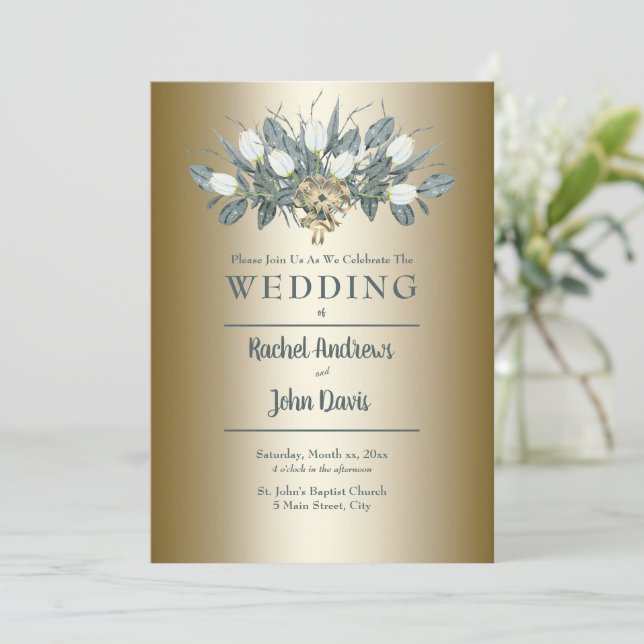 White Tulips Gold Wedding Invitation (Standing Front)