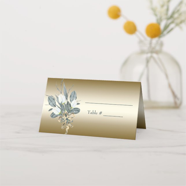 White Tulips Gold Wedding Place Card (Front)