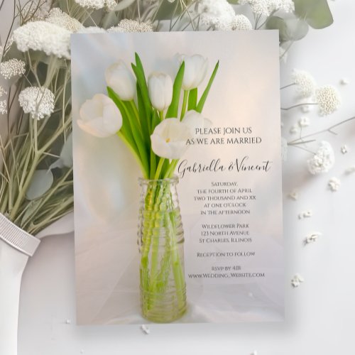 White Tulips in Milk Bottle Spring Wedding Invitation