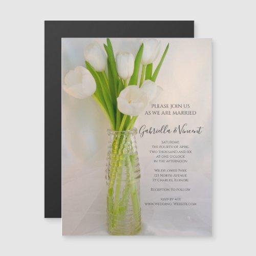 White Tulips in Milk Bottle Wedding Magnetic Invitation