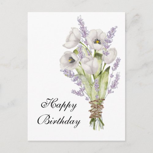 White tulips lavender bouquet happy birthday postcard
