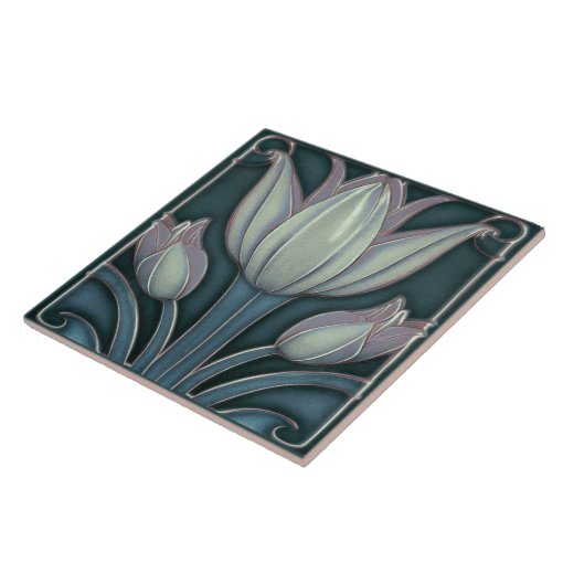 White Tulips on Blue Symmetric Art Nouveau Ceramic Tile | Zazzle