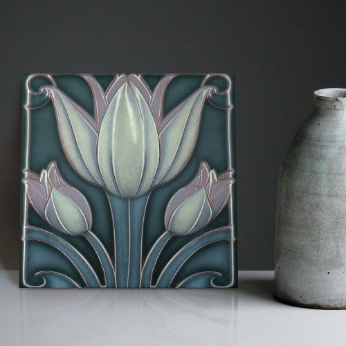 White Tulips on Blue Symmetric Art Nouveau Ceramic Tile
