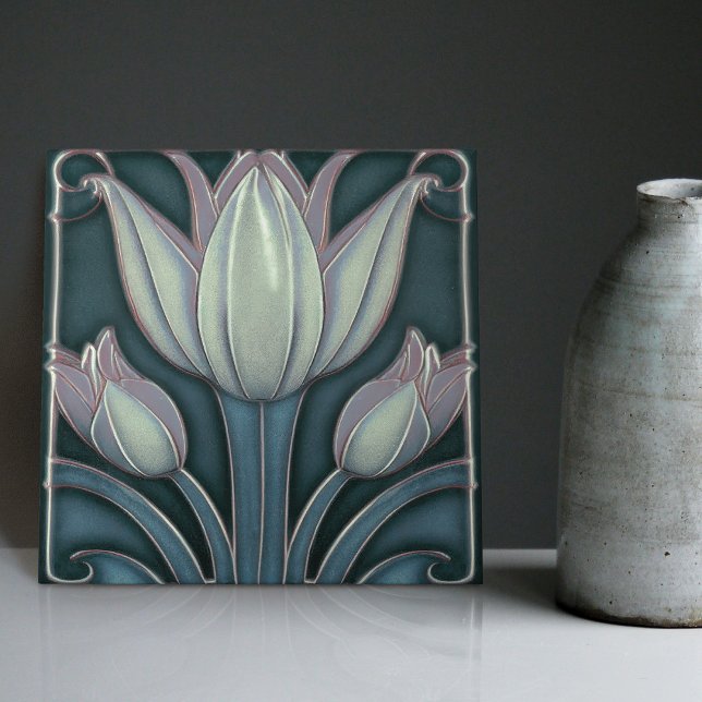 White Tulips on Blue Symmetric Art Nouveau Ceramic Tile (Creator Uploaded)
