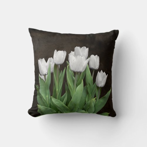 White Tulips On Dark Texture Throw Pillow