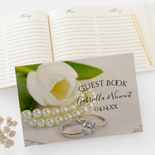 White Tulips Rings and Pearls Spring Wedding Guest Book