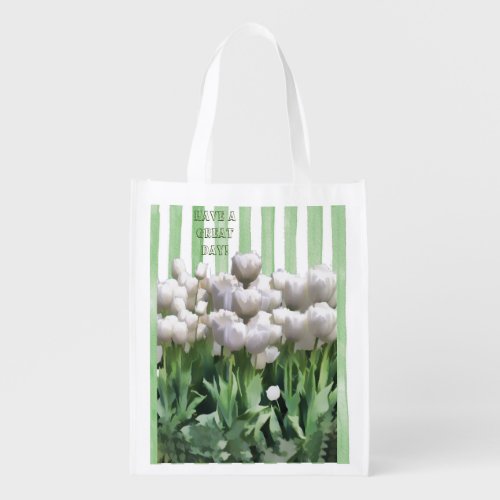 WHITE TULIPS STRIPES PERSONALIZE Reusable  Grocery Bag