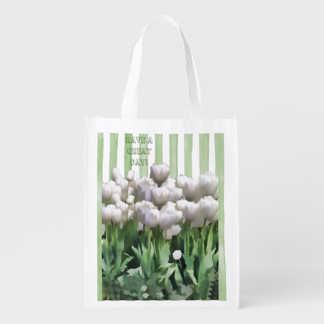 WHITE TULIPS STRIPES PERSONALIZE Reusable  Grocery Bag (Front)