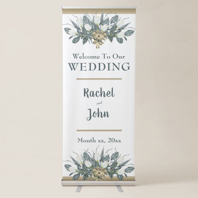 White Tulips With Gold Wedding Invitation Retractable Banner (Front)