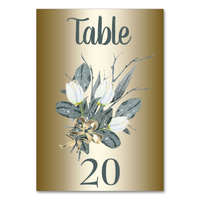 White Tulips With Gold Wedding Table Number (Front)
