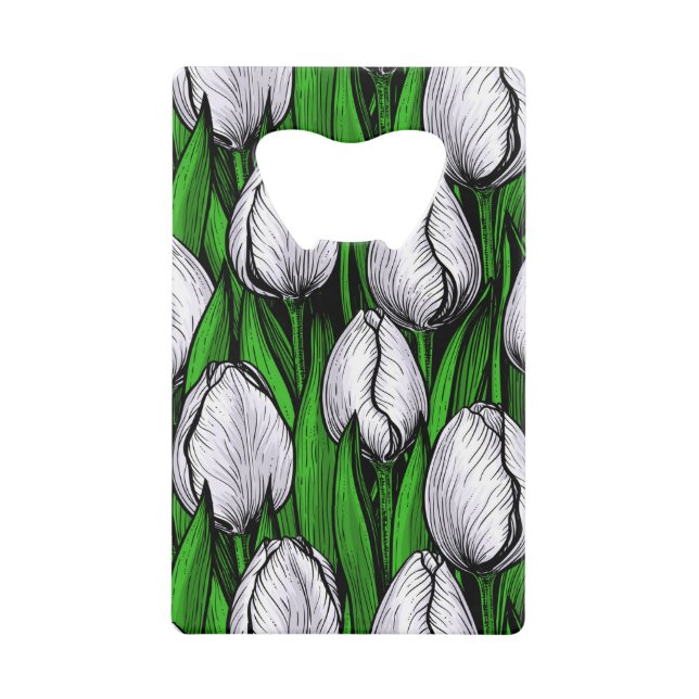 White tulips with green leaves credit card bottle opener (Front)