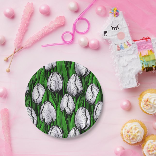 White tulips with green leaves paper plates (Party)