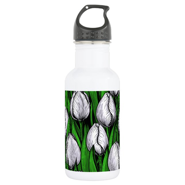 White tulips with green leaves stainless steel water bottle (Front)