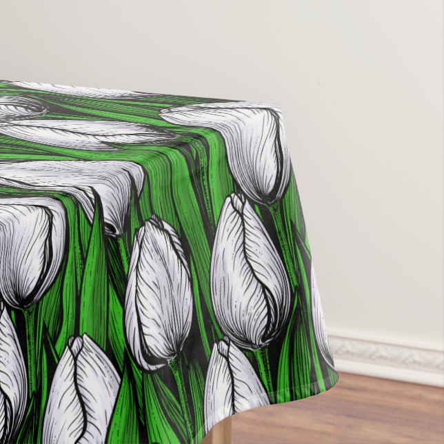 White tulips with green leaves tablecloth (In Situ)